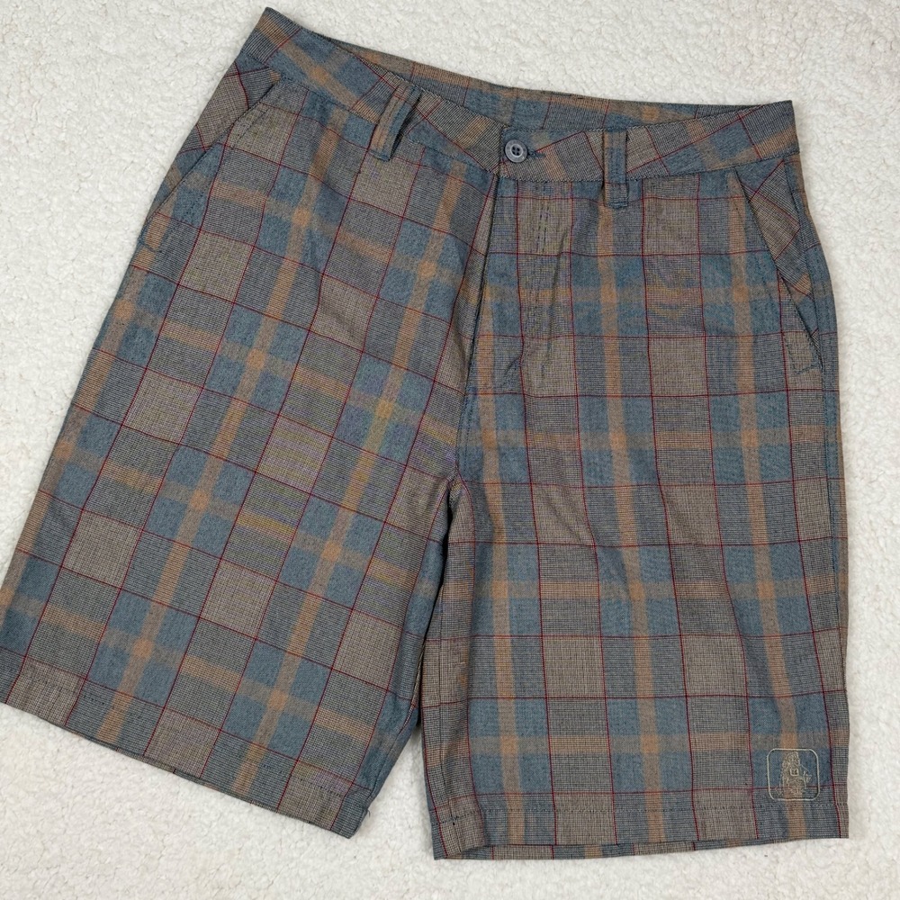 Katin Mens Plaid Surf Shorts Sz 34 Blue Tan Red Flat Front Casual Utility Pocket